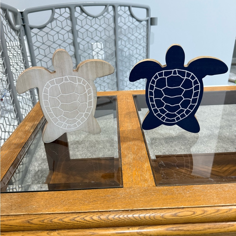 Two Turtle Wooden Carved Sea Turtle Navy & Beige  Wood Turtle Figurine